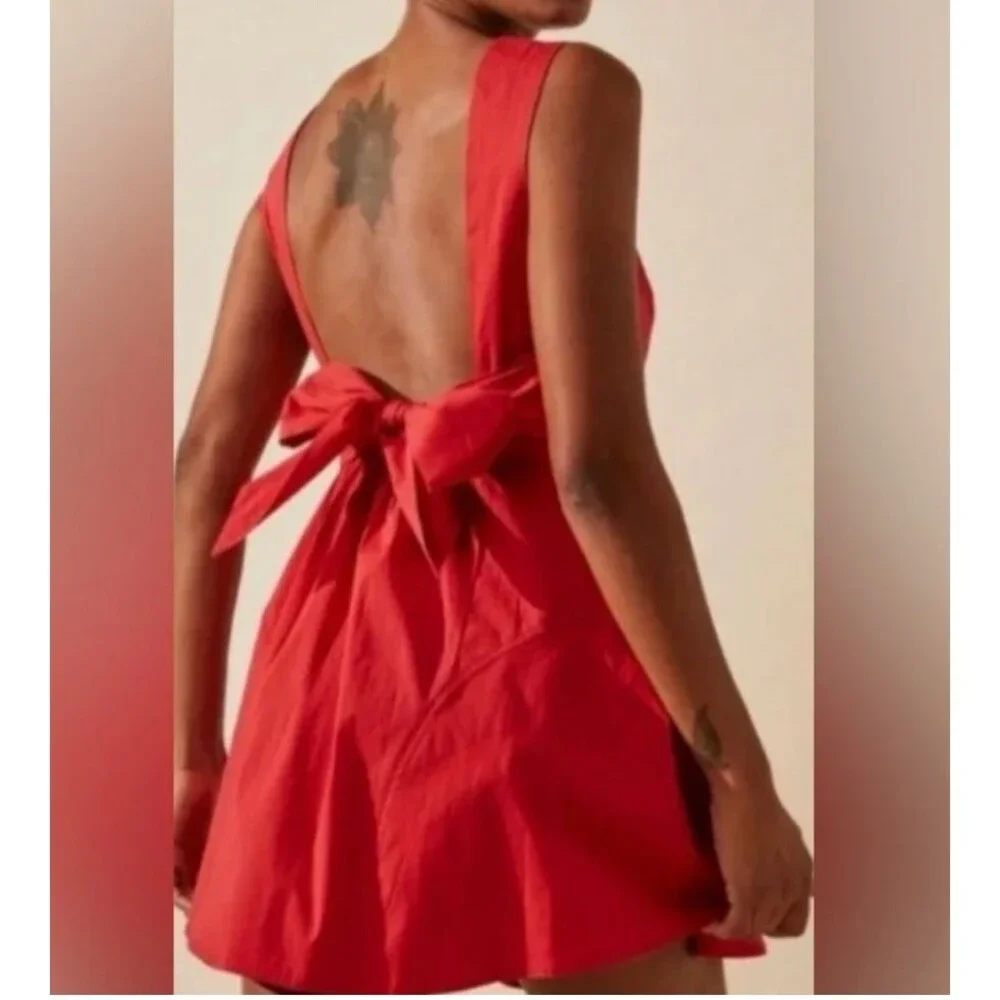 NWT FREE PEOPLE Eye Catching Mini Dress RED Back Bow XS